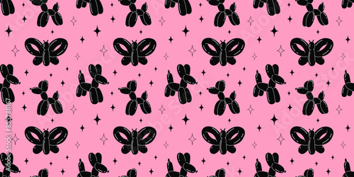 Balloon animals pattern seamless. inflatable dog and butterfly. Black glossy rubber toy. Birthday party festive y2k decor textile, wrapping paper, wallpaper design print for fabric vector illustration