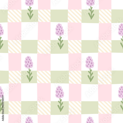 Gingham seamless vector pattern with meadow flowers. Tartan check for tablecloths, napkins, clothes, packaging, for the Easter holiday. Cozy cute childish background in a pastel palette
