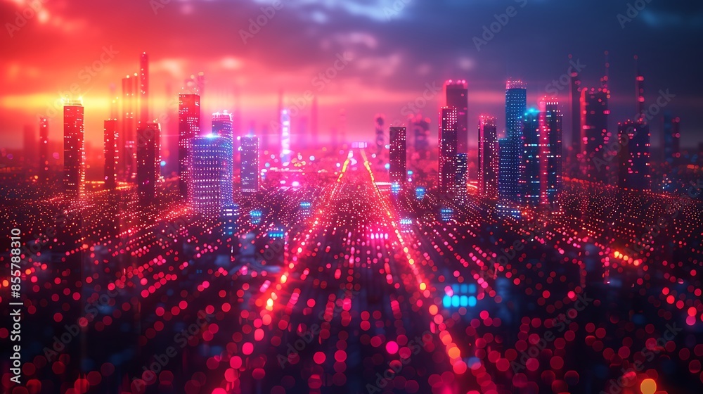 A vibrant design of a futuristic digital grid overlaying a dark cyberpunk cityscape. The neon lights and towering skyscrapers create a dystopian and high-tech environment A vibrant design of a futuristic digital grid overlaying a dark cyberpunk cityscape. The neon lights and towering skyscrapers create a dystopian and high-tech environment