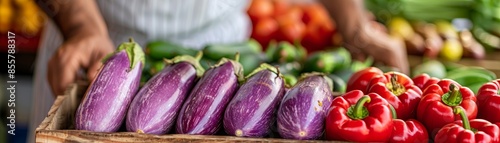 Wallpaper Mural fresh eggplants and bell peppers in wooden crate at farmers market. Torontodigital.ca