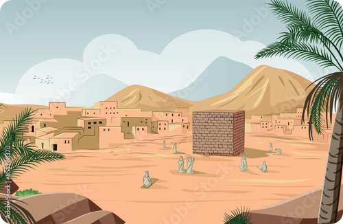Kaaba, Mecca in the past. Vector cartoon.