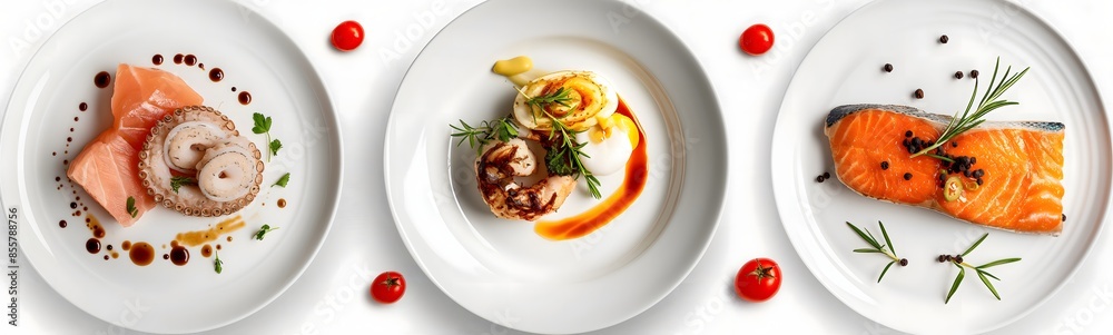 3. Generate an image set of plates with distinct servings of seafood cuisine: squid, salmon steak, and fried fish dorada, isolated against a transparent background to facilitate seamless extraction 3. Generate an image set of plates with distinct servings of seafood cuisine: squid, salmon steak, and fried fish dorada, isolated against a transparent background to facilitate seamless extraction
