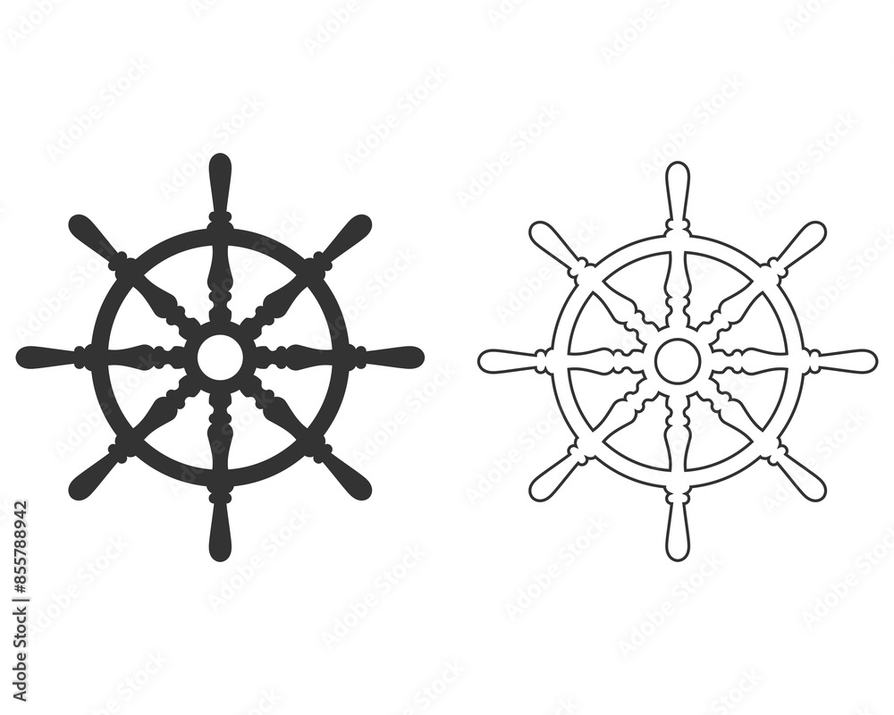 Obraz premium Ship and Boat Helm Steering Wheel and Illustration Logo Symbol line icon