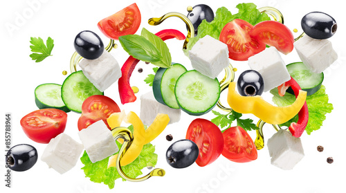 Fototapeta Naklejka Na Ścianę i Meble -  Greek salad  close up. File contains clipping path. Shot is taken with straight-on-angle.