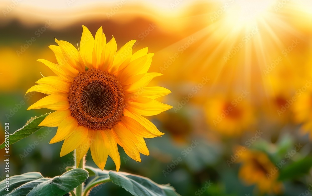 Obraz premium sunflower in field at sunset with sun rays.