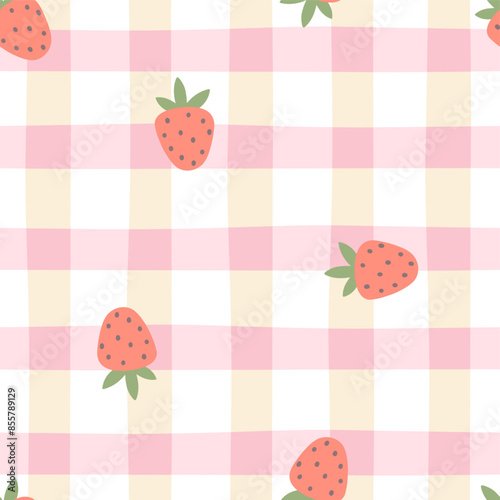 Gingham seamless vector pattern with kawaii strawberries. Tartan check for tablecloths, napkins, clothes, packaging, for the Easter holiday. Cozy cute childish background in a pastel palette.