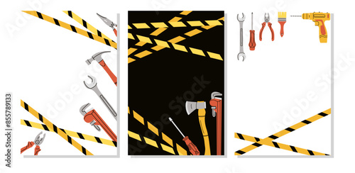Repair tools banner. House construction equipment. Doodle drawing. Building instruments screwdriver saw hammer. Renovation industry poster. Vector cartoon flat isolated background illustration