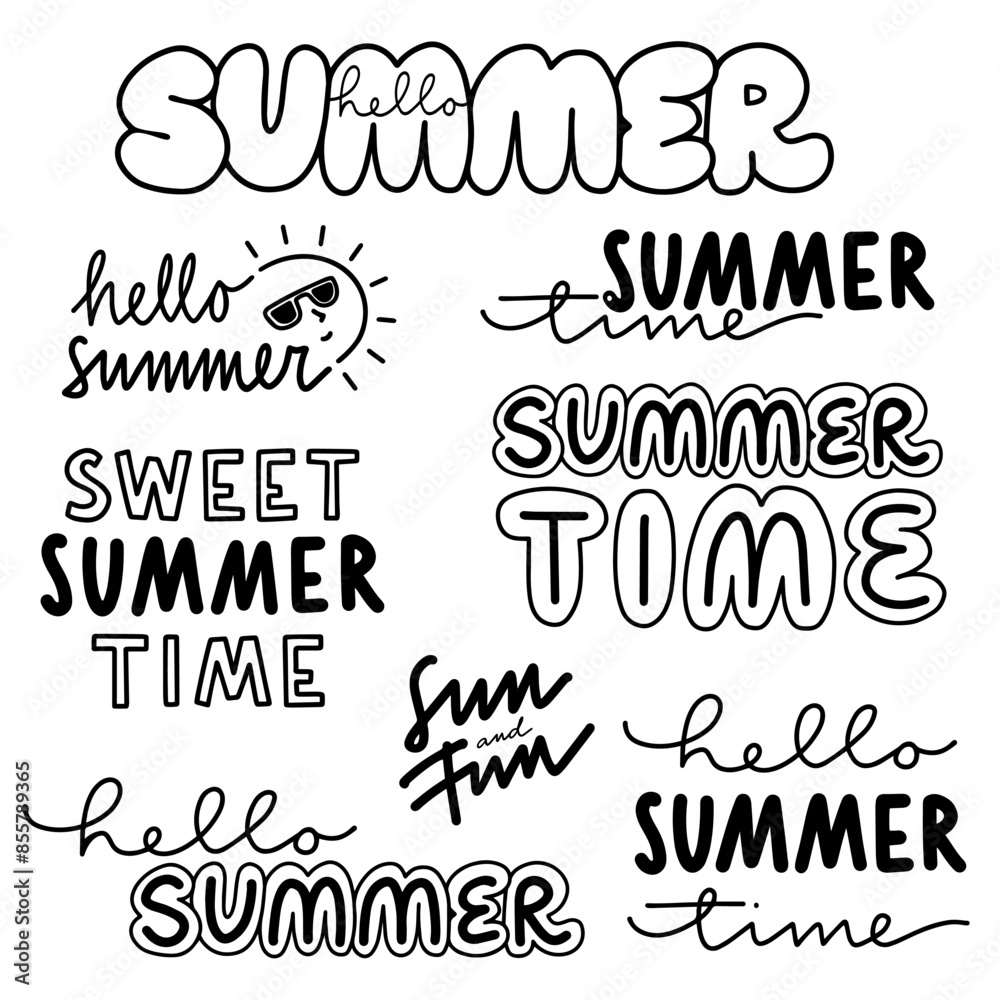 monochrome linear abstract summer time label set with typographic and graphic doodle elements isolated on white background for web and print