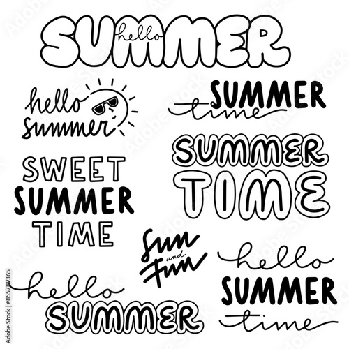 Obraz na płótnie monochrome linear abstract summer time label set with typographic and graphic doodle elements isolated on white background for web and print w salonie