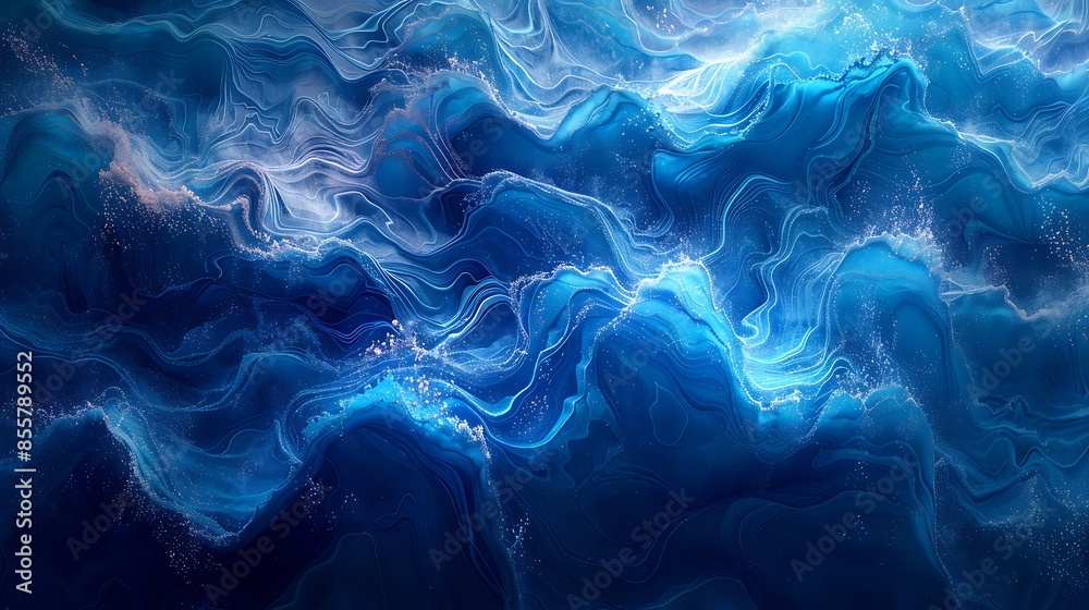 A vibrant design of abstract ocean waves with deep blue and turquoise flowing lines. The waves intertwine gracefully, creating a dynamic and serene composition with fluid motion and vibrant colors.
