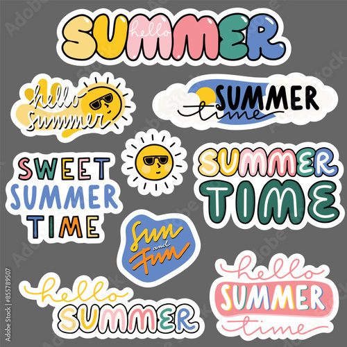 Obraz na płótnie colorful linear abstract summer time sticker set with typographic and graphic doodle elements isolated on dark background for web and print w salonie