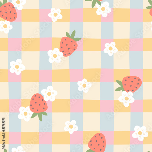 Gingham kawaii seamless pattern with strawberry berries and flowers. Tartan check for tablecloths, napkins, clothes, packaging. Cozy cute childish hand drawn cartoon background in pastel palette.