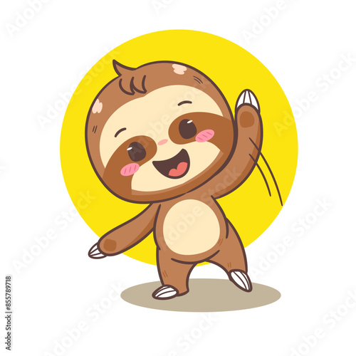 Cute Sloth Waving Hand Cartoon Character. Adorable and Kawaii Animal Concept Design. Icon Mascot Vector Illustration