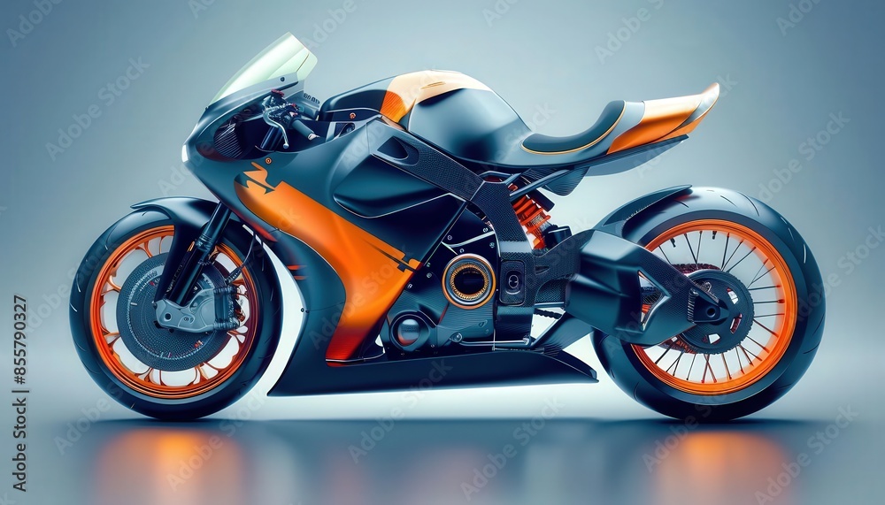 a side view of a highperformance racing motorcycle, aerodynamic design, black and orange, on nice location or cool background a side view of a highperformance racing motorcycle, aerodynamic design, black and orange, on nice location or cool background