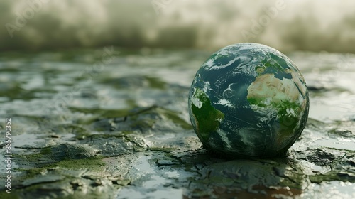 A Detailed Globe Resting on a Mossy Surface Beneath a Cloudy Sky