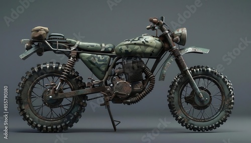 a side view of a militaryinspired motorcycle, rugged and durable, camo green, on nice location or cool background photo