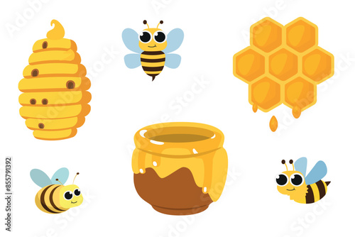 Bees, honey, honey jar, beehive, beeswax. Flat design elements isolated on white. 