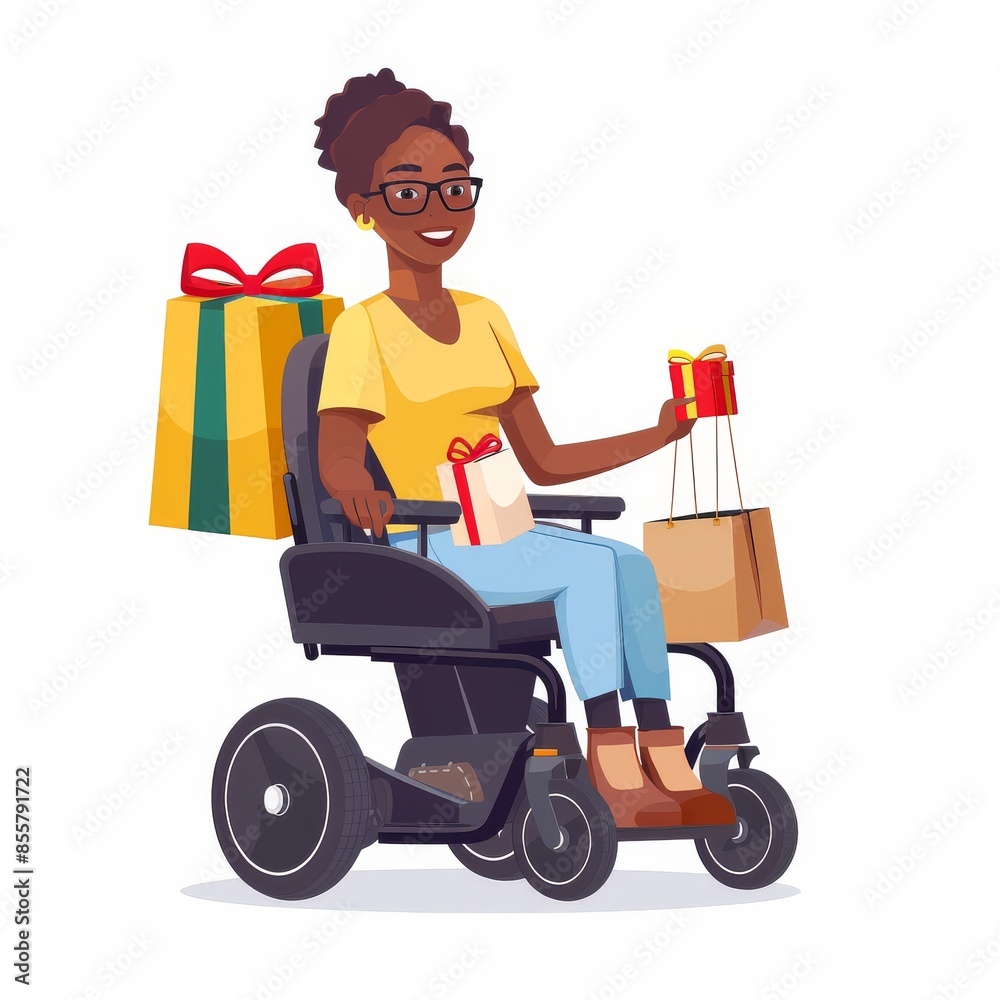 A smiling young woman in a wheelchair holds shopping bags, purchases, and gift boxes, a modern of social adaptation for disabled people A smiling young woman in a wheelchair holds shopping bags, purchases, and gift boxes, a modern of social adaptation for disabled people