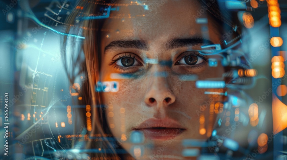 Close-up of a woman's face reflected in a futuristic digital interface, highlighting technology and innovation themes. Close-up of a woman's face reflected in a futuristic digital interface, highlighting technology and innovation themes.