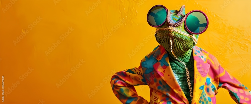 A gecko wearing a disco outfit stands in style. Golden background, space for text, Generative AI photo A gecko wearing a disco outfit stands in style. Golden background, space for text, Generative AI photo