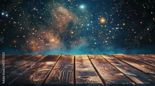 A wooden deck offers a breathtaking view of a starry night sky, ideal for stargazing and appreciating the cosmos. photo
