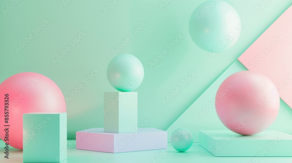 Abstract arrangement of pastel-colored geometric shapes and spheres, creating a minimalist and modern visual composition. Abstract arrangement of pastel-colored geometric shapes and spheres, creating a minimalist and modern visual composition.