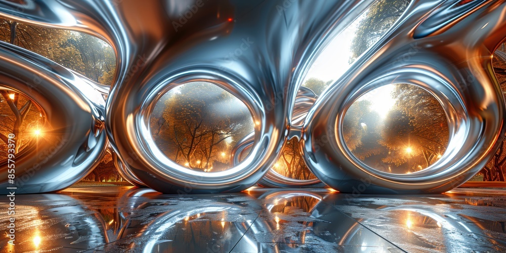 Futuristic metallic sculptures with organic shapes set in a park, reflecting a blend of modern art and natural surroundings. Futuristic metallic sculptures with organic shapes set in a park, reflecting a blend of modern art and natural surroundings.