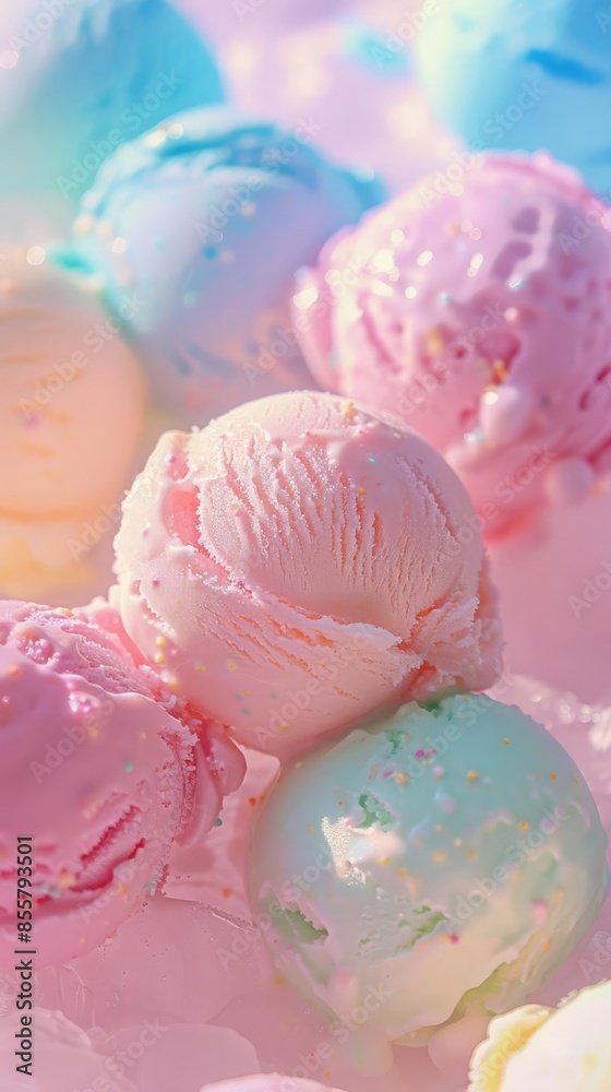 9 Round scoops of vibrant ice cream, macro shot, soft focus, light pastel tones