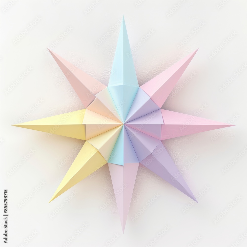 White background with glossy oil finish and holographic reflection of an eight-pointed 3D star. White background with glossy oil finish and holographic reflection of an eight-pointed 3D star.