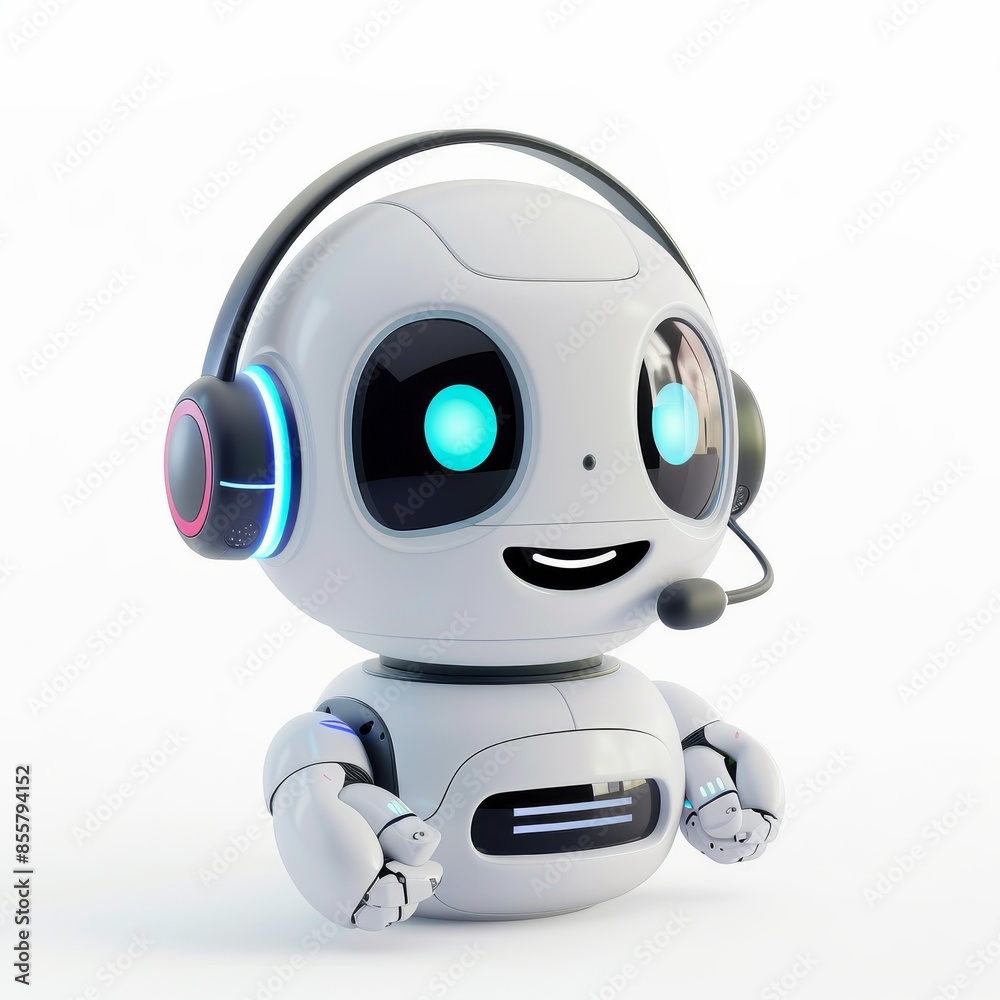 Three-dimensional modern illustration of a DJ robot chatbot wearing headphones Three-dimensional modern illustration of a DJ robot chatbot wearing headphones
