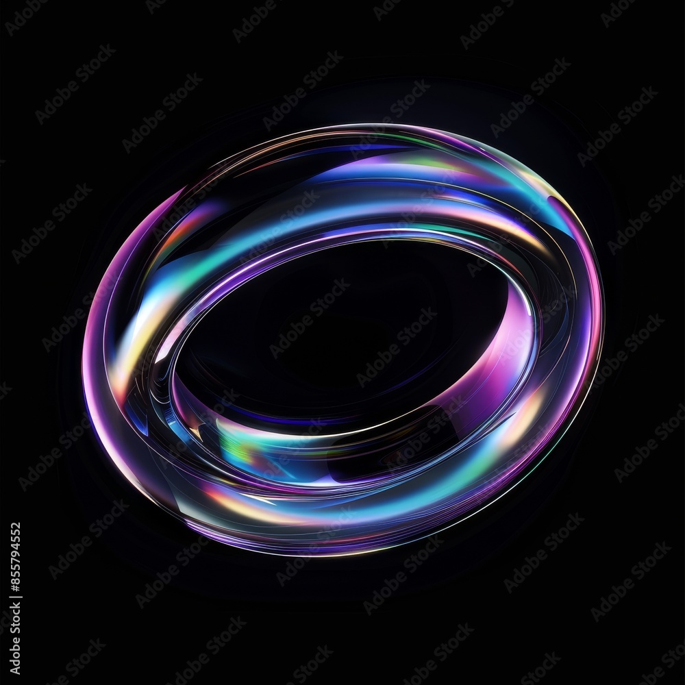 Rainbow holography on a glass torus in 3D modern form. Isolated behind a white background. Rainbow holography on a glass torus in 3D modern form. Isolated behind a white background.