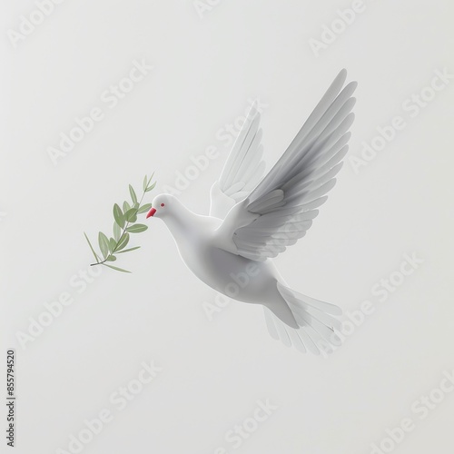 An illustration of a white dove at the end of an olive branch in three dimensions