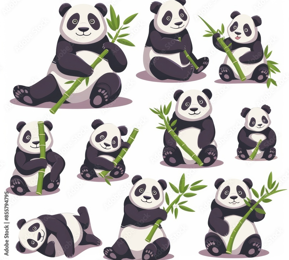 Obraz premium An Asian bear standing on paws, lying on a bamboo tree, crawling on the ground - cute modern cartoon set of Asian bears.