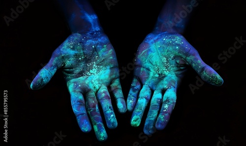 UV ultra violet light shows bacteria and viruses on human hands on a black background, illustrating the importance of washing hands.