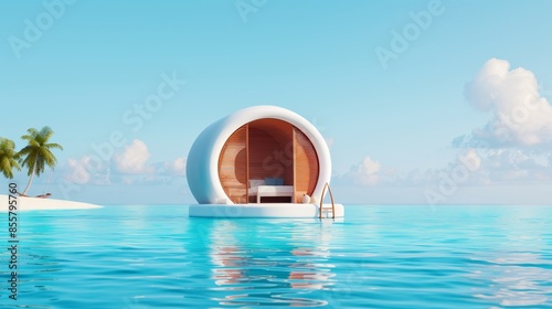 luxury beach cabana with palm trees and clear blue water.