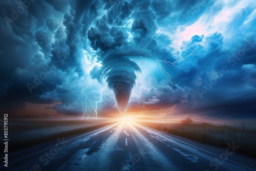 Climate change photo composite showing a powerful storm forming late in the afternoon. Weather forecasting and extreme conditions.