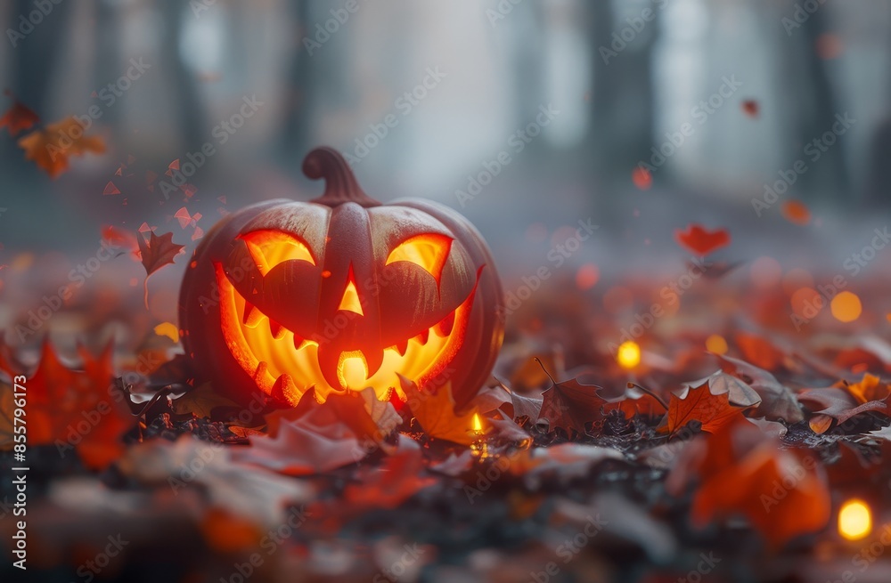 Halloween party lantern with leaves blowing around it. Photo composite. Halloween party lantern with leaves blowing around it. Photo composite.