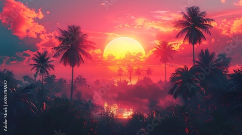 An abstract design in retro wave art style with sunset colors, creating a nostalgic feel. The vibrant gradient of oranges, pinks, and purples is complemented by a neon grid and silhouetted palm trees