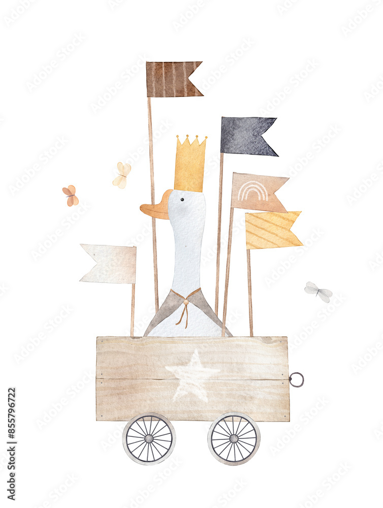 custom made wallpaper toronto digitalKing. Cute goose in a wooden box. Watercolor illustration. Poster illustration for kids room.