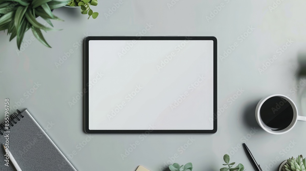 Top view of modern workplace with blank screen tablet computer, stationery and plant. Mock up Top view of modern workplace with blank screen tablet computer, stationery and plant. Mock up