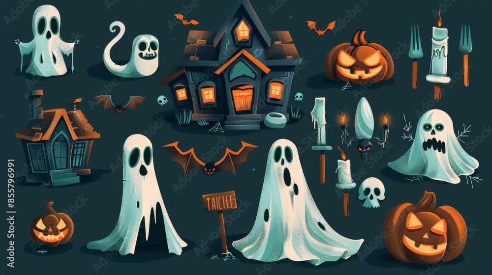 This collection consists of trick-or-treater characters, pumpkins, haunted houses, ghosts, and other Halloween objects. This collection consists of trick-or-treater characters, pumpkins, haunted houses, ghosts, and other Halloween objects.