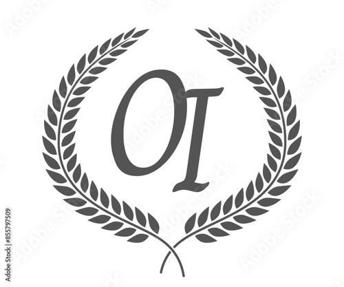 Initial letter O and I, OI monogram logo design with laurel wreath. Luxury calligraphy font.