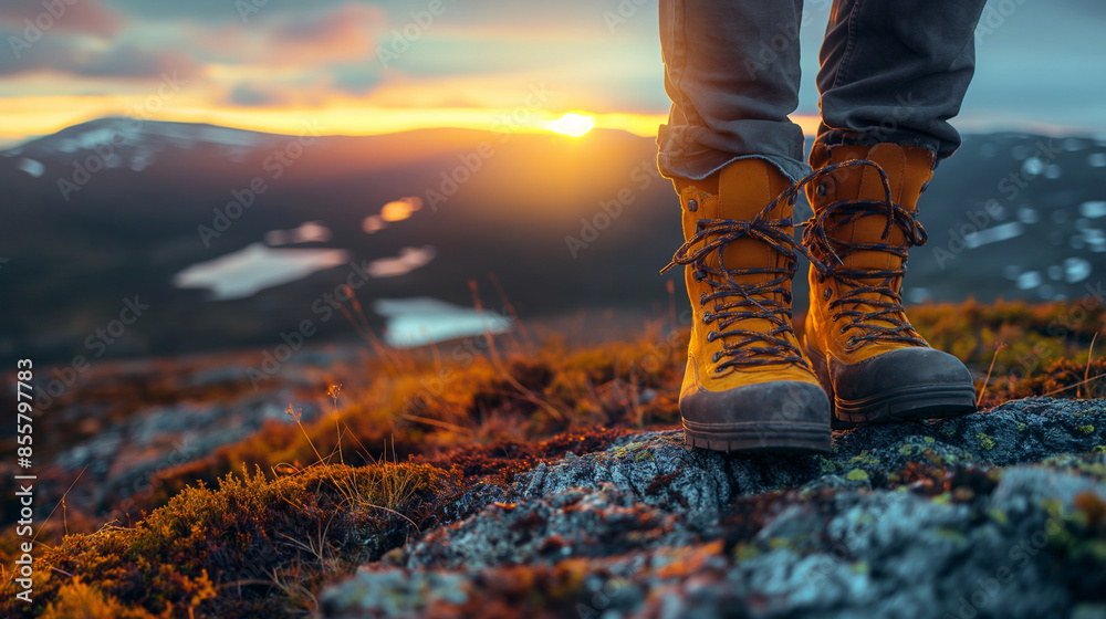 Hiker's boots at sunset on a mountain trail. Copy space. Generative AI Hiker's boots at sunset on a mountain trail. Copy space. Generative AI