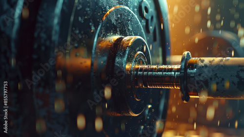 Close-up of a barbell in the gym. Weightlifting. A sports concept. The barbell is covered with water droplets photo