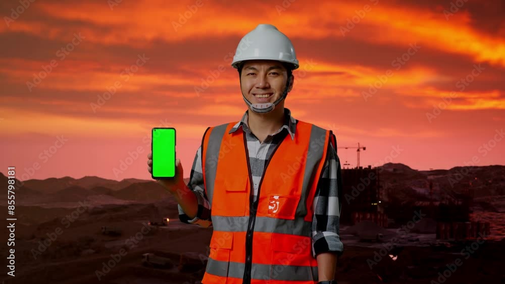 Asian Male Engineer With Safety Helmet Smiling And Showing Green Screen Smartphone To The Camera While Standing at Construction Site, Mining Machinery Asian Male Engineer With Safety Helmet Smiling And Showing Green Screen Smartphone To The Camera While Standing at Construction Site, Mining Machinery