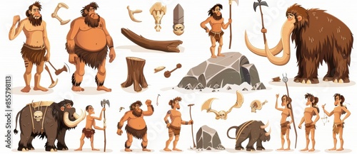 A primitive cave people life illustration set, modern hand drawn illustrations for ancient evolution and civilization related to the Stone Age. photo