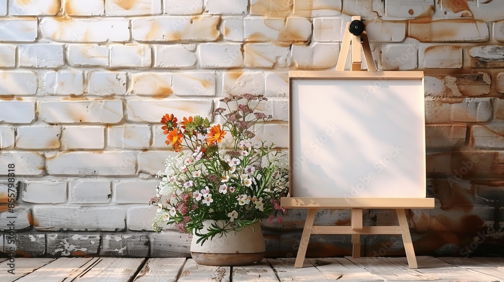 Blank Canvas on Wooden Easel with Colorful Flowers Against Rustic White Brick Wall Background Blank Canvas on Wooden Easel with Colorful Flowers Against Rustic White Brick Wall Background