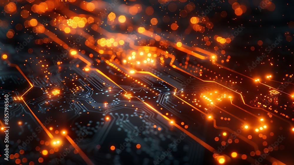 Fototapeta premium An abstract scene of a grid with integrated circuit board lines, highlighting technology and connectivity. The intricate circuit patterns and glowing lines create a dynamic and modern scene.
