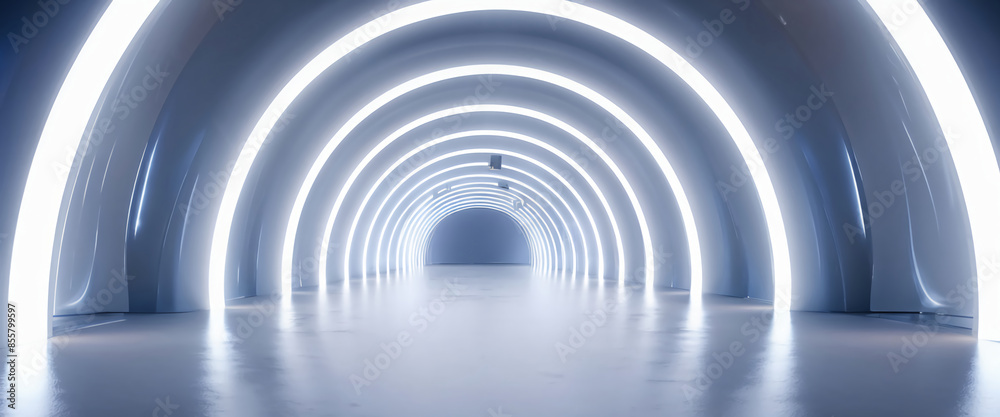 White background 3D room light abstract space technology tunnel stage floor. Empty white future 3D neon background studio futuristic corridor render modern interior silver road black wall design gray White background 3D room light abstract space technology tunnel stage floor. Empty white future 3D neon background studio futuristic corridor render modern interior silver road black wall design gray