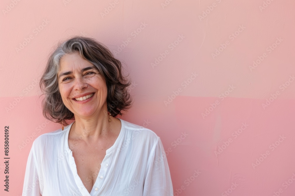 Portrait of a merry woman in her 50s smiling at the camera over solid pastel color wall Portrait of a merry woman in her 50s smiling at the camera over solid pastel color wall